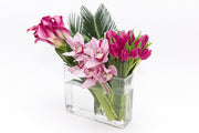 Calla Lily, Cymbidium Orchids, and Tulips in vase