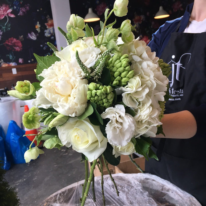 Acid Green and Whites. Mini Green Hydrangea, White Local Hydrangea, White Veronica, White Hyacinth, White Roses, White Lisianthus, Green Heleborous, White Peony
