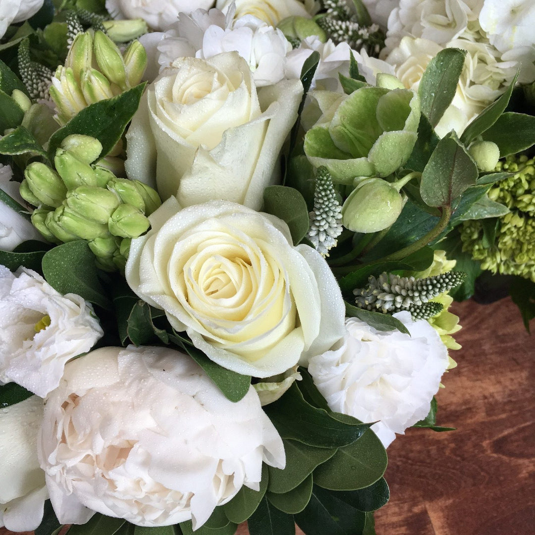 Acid Green and Whites. Mini Green Hydrangea, White Local Hydrangea, White Veronica, White Hyacinth, White Roses, White Lisianthus, Green Heleborous, White Peony