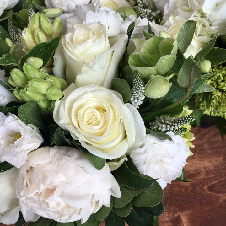 Acid Green and Whites. Mini Green Hydrangea, White Local Hydrangea, White Veronica, White Hyacinth, White Roses, White Lisianthus, Green Heleborous, White Peony