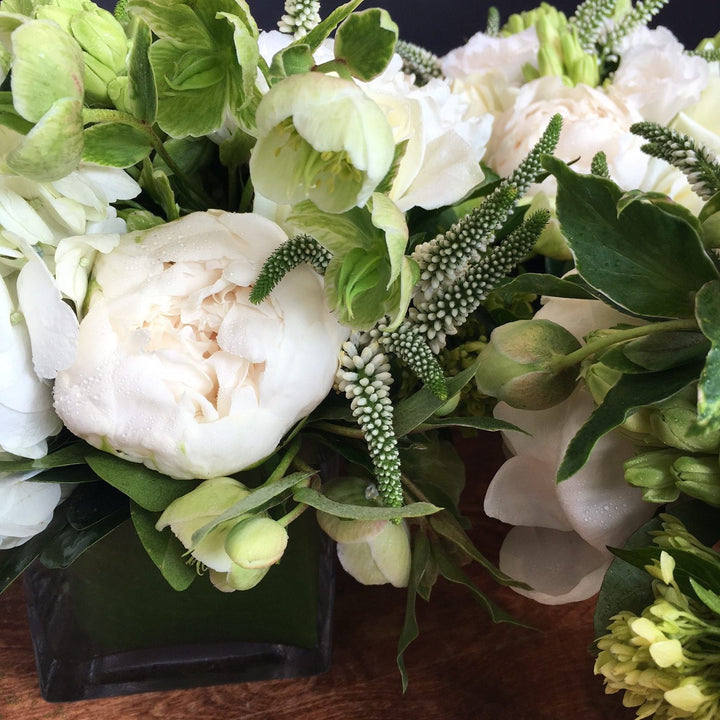 Acid Green and Whites. Mini Green Hydrangea, White Local Hydrangea, White Veronica, White Hyacinth, White Roses, White Lisianthus, Green Heleborous, White Peony