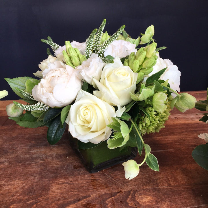 Acid Green and Whites. Mini Green Hydrangea, White Local Hydrangea, White Veronica, White Hyacinth, White Roses, White Lisianthus, Green Heleborous, White Peony