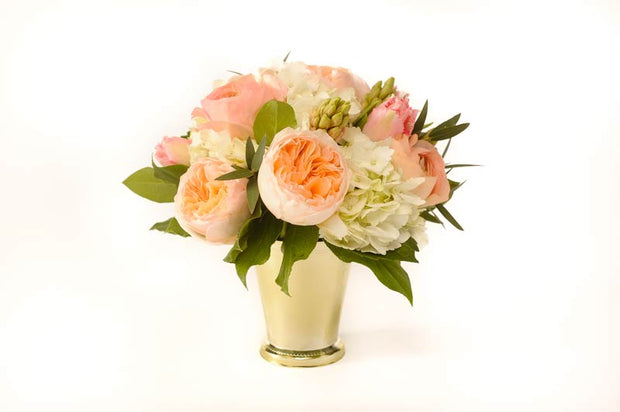 pure white hydrangea, peach fragrant garden roses, fragrant blush hyacinth, and pink confetti tulips