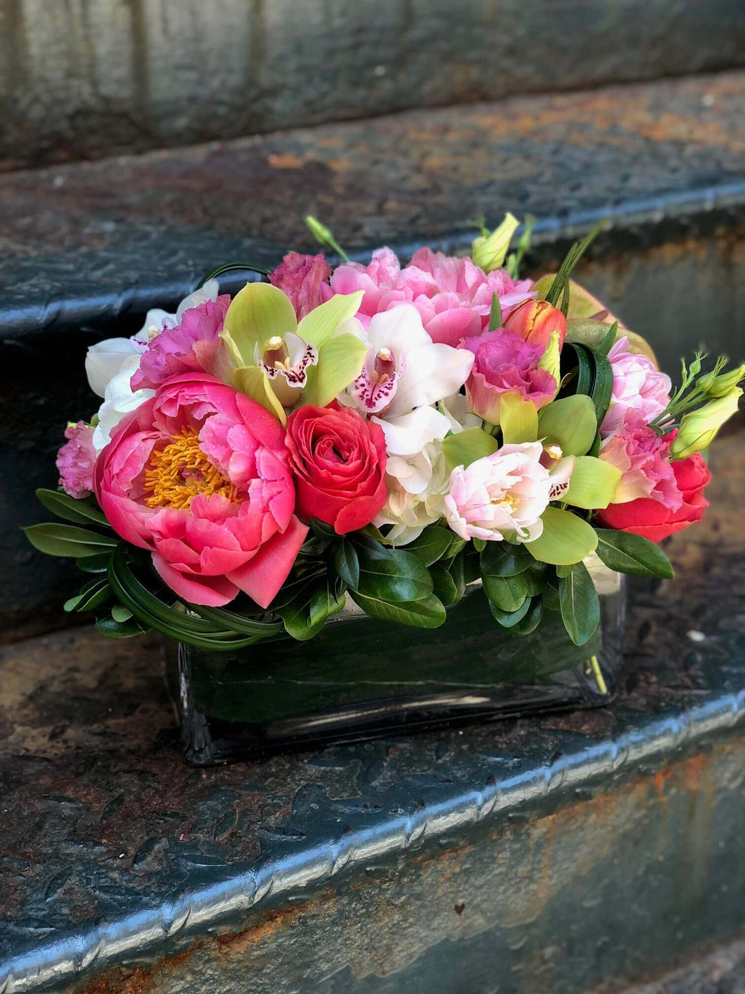Pink Peony, White and Lime Green Orchids, Lime Green and Pink Anthirium, Pink Rose, Pink Tulips, Pink Lisianthus