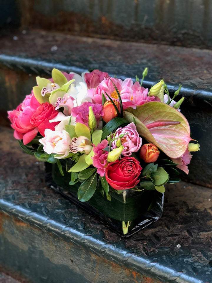 Pink Peony, White and Lime Green Orchids, Lime Green and Pink Anthirium, Pink Rose, Pink Tulips, Pink Lisianthus