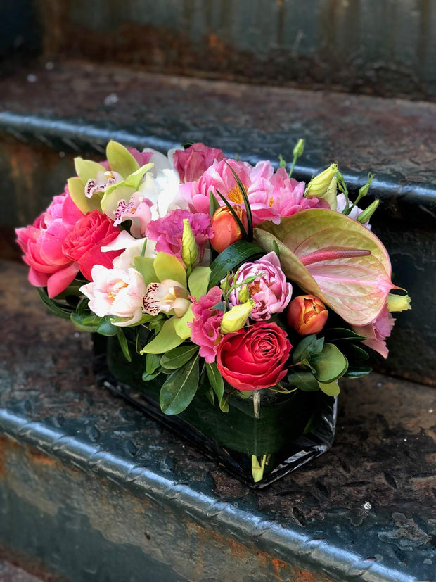 Pink Peony, White and Lime Green Orchids, Lime Green and Pink Anthirium, Pink Rose, Pink Tulips, Pink Lisianthus