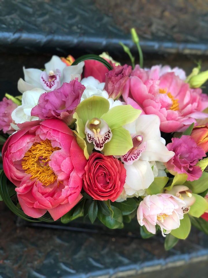 Pink Peony, White and Lime Green Orchids, Lime Green and Pink Anthirium, Pink Rose, Pink Tulips, Pink Lisianthus
