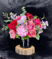 red rose, hot pink rose, lavender stock flower, pink peony, and double stuffed peony tulips