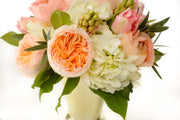 pure white hydrangea, peach fragrant garden roses, fragrant blush hyacinth, and pink confetti tulips