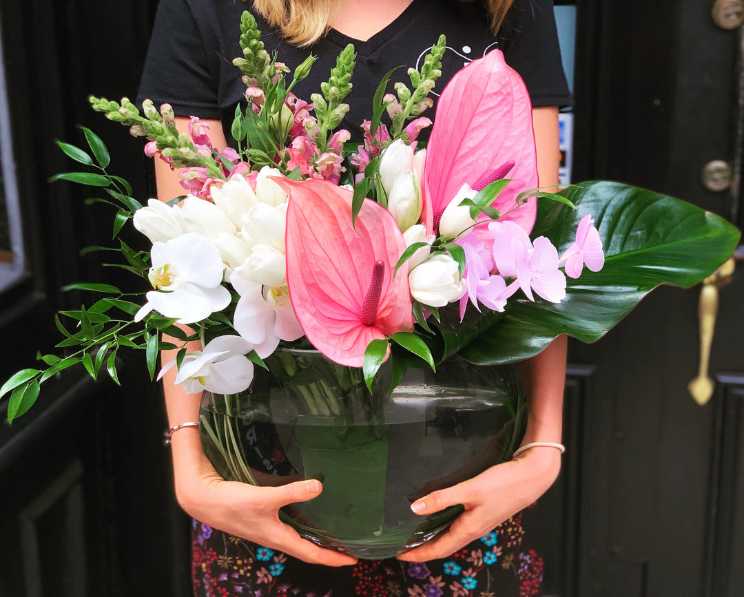 Pink Anthurium, Tulips, Snapdragon, and Orchid Accents