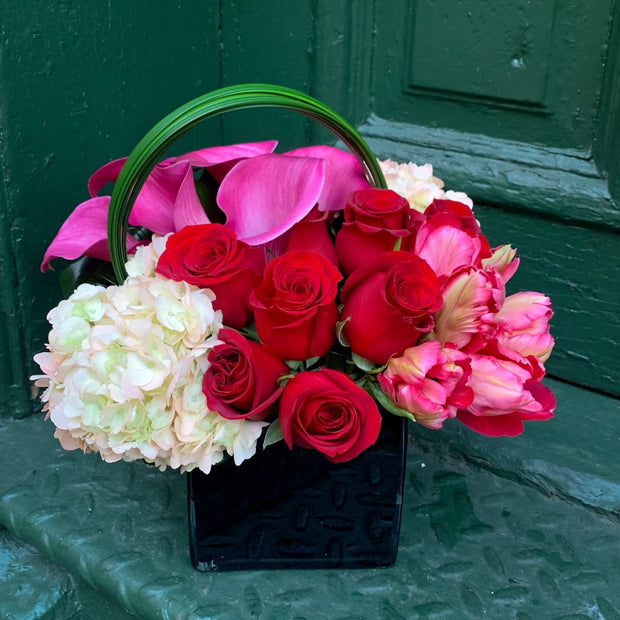 Red Roses, Pink Calla, Hydrangea, Tulips, and Lilly Grass Accents