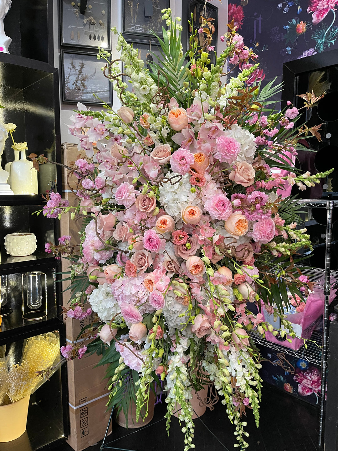 standing spray Soft Blush and White Garden Flowers