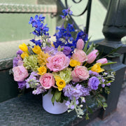 Pastels with Pops of your favorite blushes, kiwi green, lavender, yellows and blues. Includes garden flowers like delphinium, tulips, garden rose or peony, spray rose or rose, yellow calla or daffodils, lavender lisianthus and stock, kiwi green hydrangea.