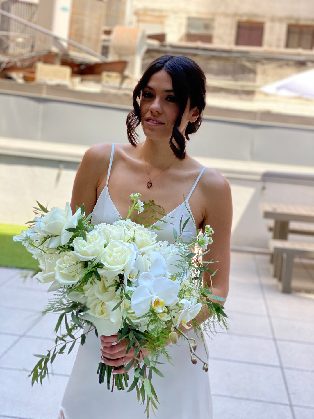 Wedding Bouquet of Garden Roses, Standard Rose, Spray Rose, Orchids, Lisianthus, Stock, and a mix of Garden Greenery