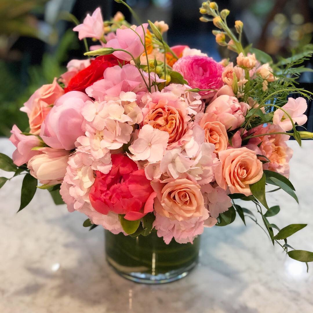 PinPeony, Peach Rose, Pink Rose, Light Pink Hydrangea, Pink or peach Stock, Peach Spray Rose