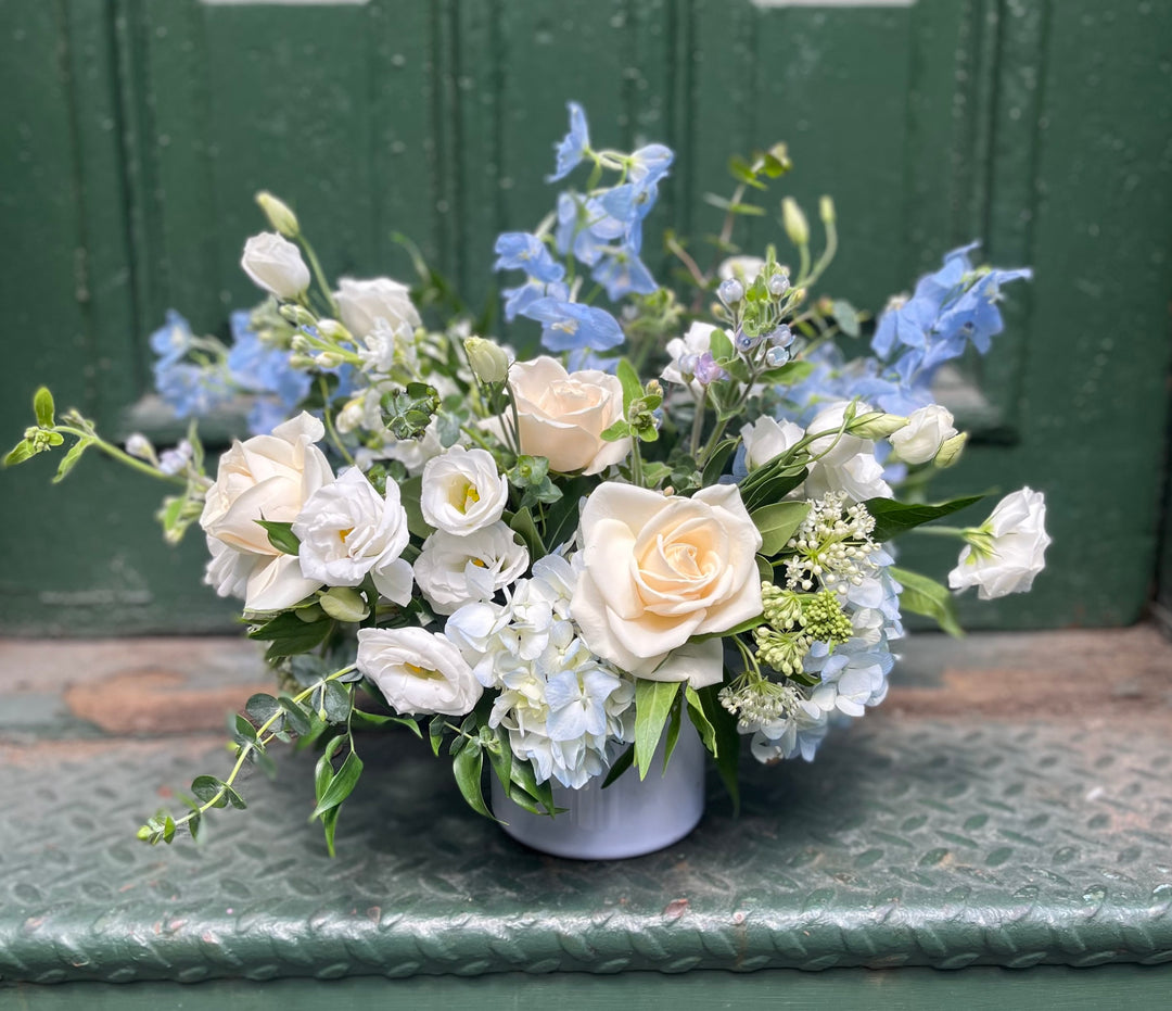 A Gorgeous Blue and White Pastel Garden Style Arrangement.