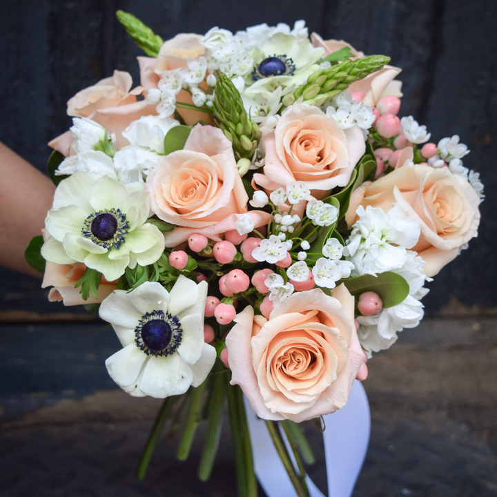 Peach and Classic White City Hall Bridal Bouquet